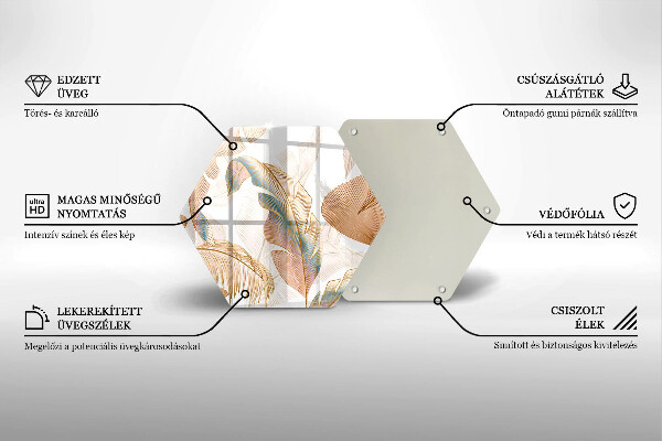 Üveg vágódeszka Boho tollak és levelek