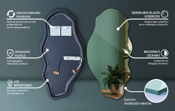 Furcsa forma ledes tükör dekoratív 50x100 cm