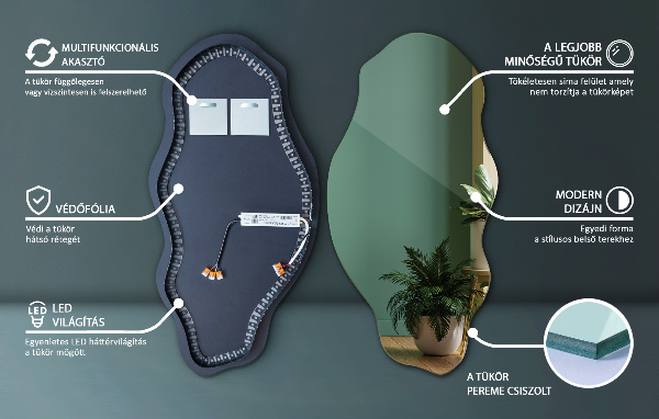 Furcsa forma ledes tükör dekoratív 50x100 cm