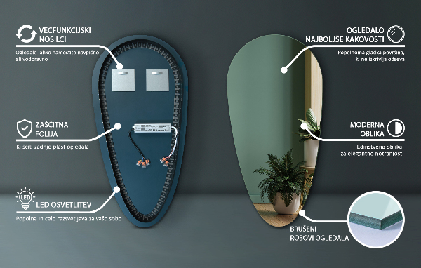Csepp alakú led tükör 40x80 cm