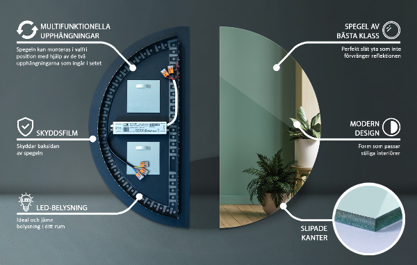 Félkör ledes tükör 35x70 cm