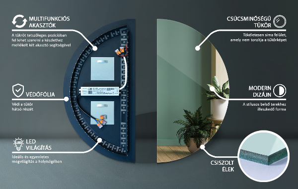 Félkör led tükör 40x80 cm