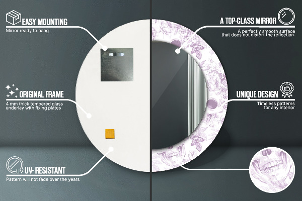 Kerek tükör keret nyomtatással Koponyák