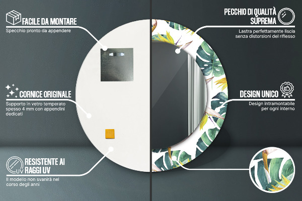 Kerek tükör díszítéssel Trópusi levelek