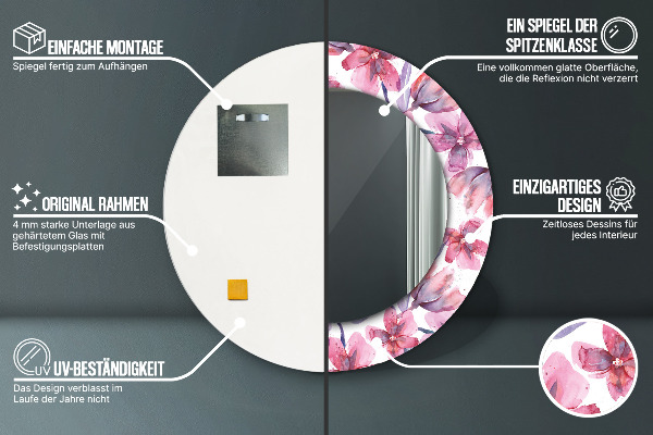 Kerek tükör keret nyomtatással Akvarell virágok