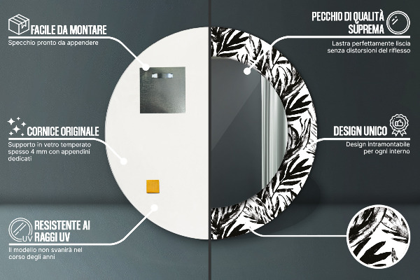 Kerek tükör keret nyomtatással Monstera