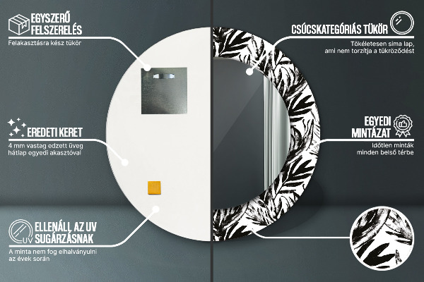 Kerek tükör keret nyomtatással Monstera