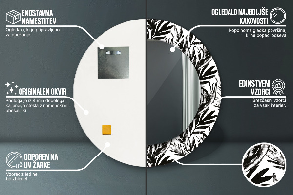 Kerek tükör keret nyomtatással Monstera