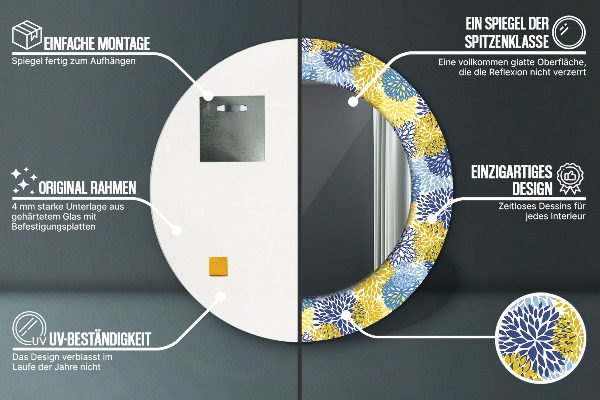 Kerek tükör nyomtatott kerettel Kék virágok