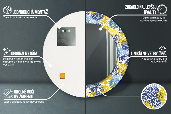 Kerek tükör nyomtatott kerettel Kék virágok