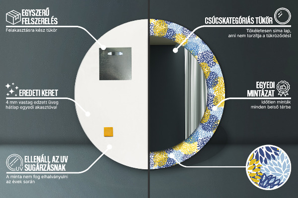 Kerek tükör nyomtatott kerettel Kék virágok