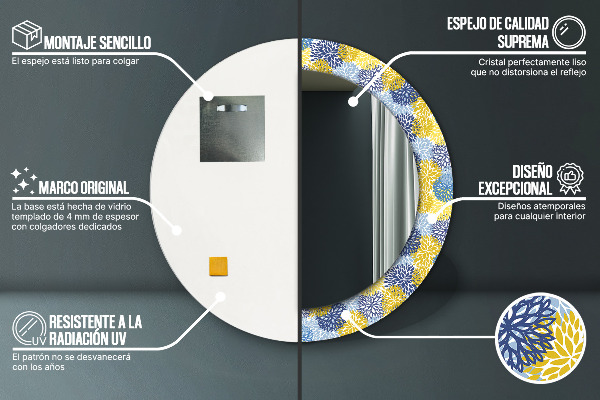 Kerek tükör nyomtatott kerettel Kék virágok