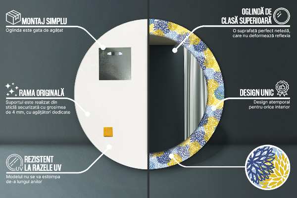 Kerek tükör nyomtatott kerettel Kék virágok