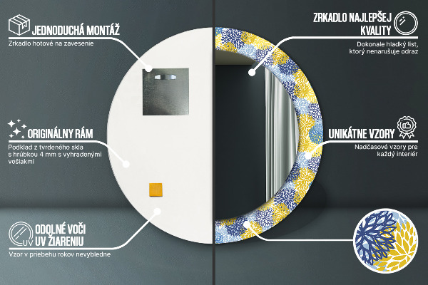 Kerek tükör nyomtatott kerettel Kék virágok