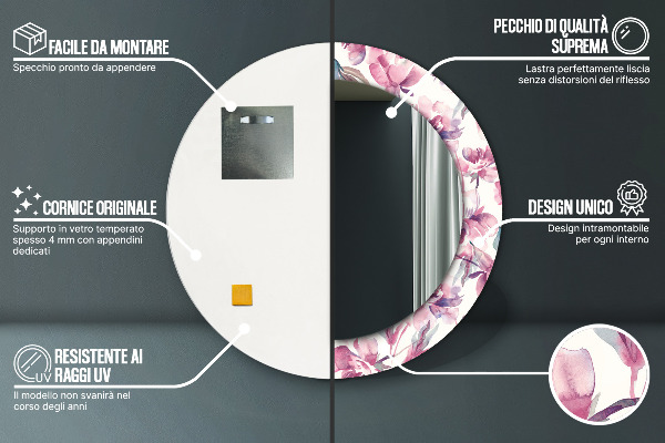 Kerek tükör fali dísz Pünkösdi rózsa virágai