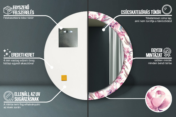 Kerek tükör fali dísz Pünkösdi rózsa virágai