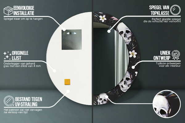 Kerek tükör fali dísz Koponya virágok