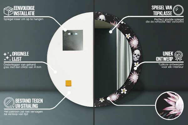 Kerek tükör fali dísz Koponya virágok