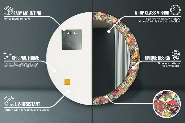 Kerek tükör keret nyomtatással Etnikai virágos