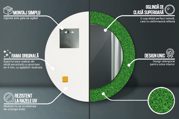 Kerek tükör nyomtatott kerettel zöld fű