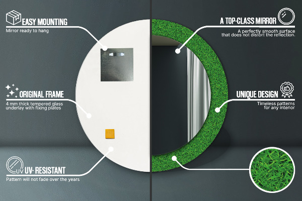 Kerek tükör nyomtatott kerettel zöld fű