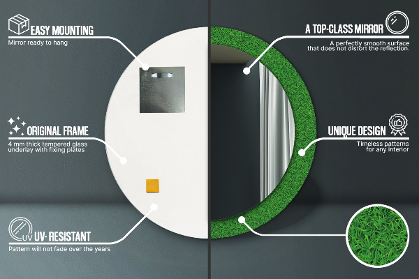 Kerek tükör nyomtatott kerettel zöld fű