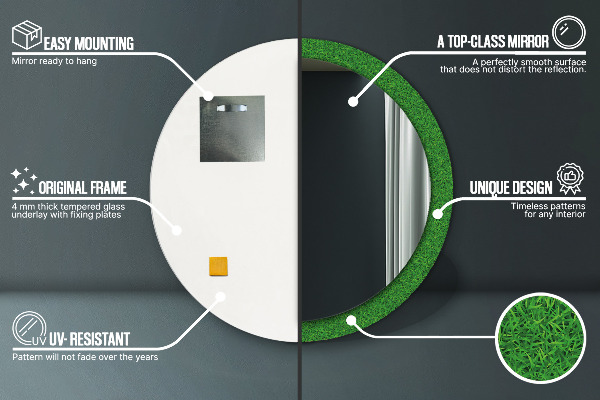 Kerek tükör nyomtatott kerettel zöld fű