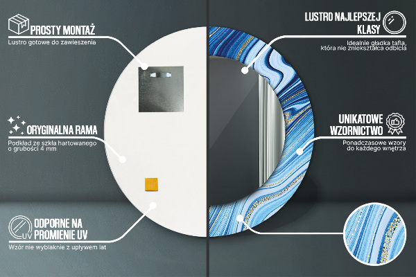 Kerek tükör keret nyomtatással Kék márványozás