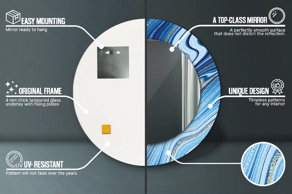 Kerek tükör keret nyomtatással Kék márványozás