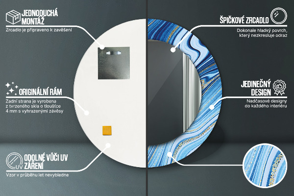 Kerek tükör keret nyomtatással Kék márványozás