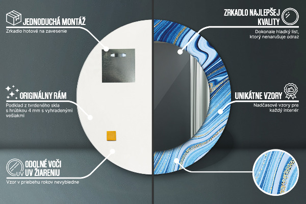 Kerek tükör keret nyomtatással Kék márványozás