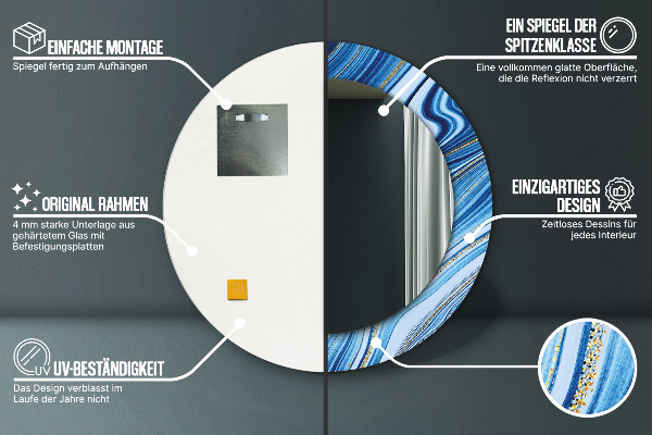 Kerek tükör keret nyomtatással Kék márványozás