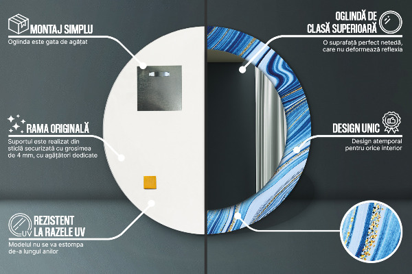 Kerek tükör keret nyomtatással Kék márványozás