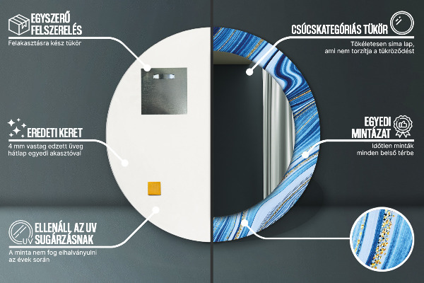 Kerek tükör keret nyomtatással Kék márványozás