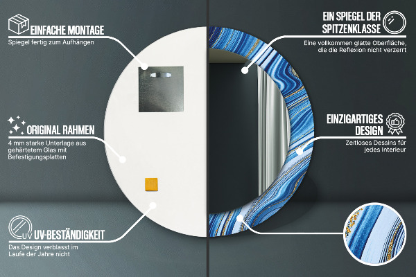 Kerek tükör keret nyomtatással Kék márványozás