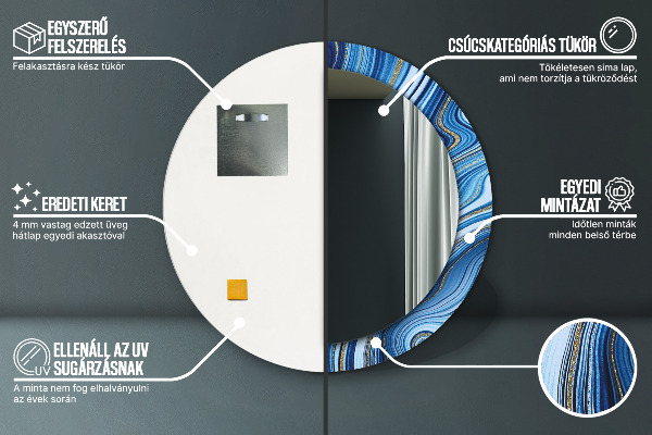 Kerek tükör keret nyomtatással Kék márványozás