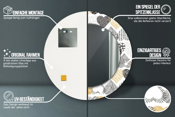 Kerek tükör keret nyomtatással Doodle szívek