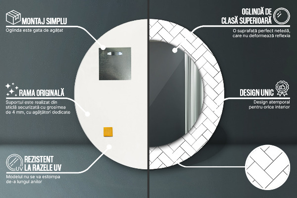 Kerek tükör nyomtatott kerettel halszálkás