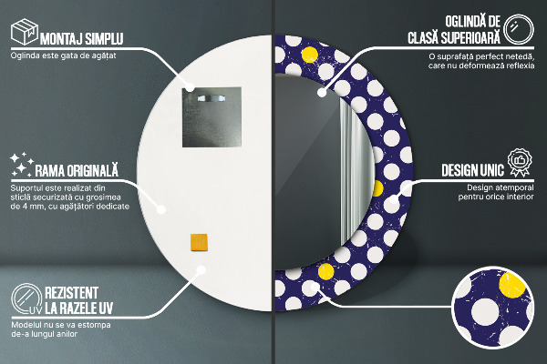 Kerek tükör keret nyomtatással Retro pöttyös