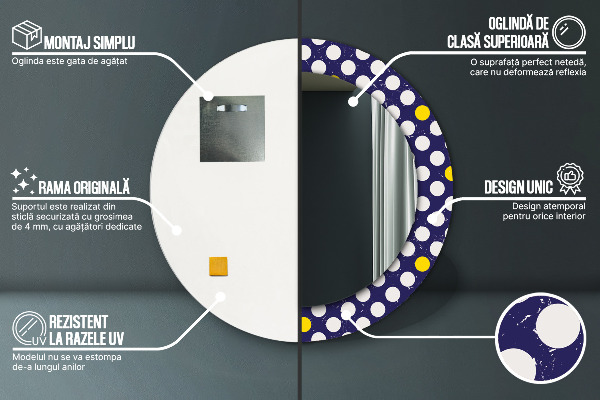 Kerek tükör keret nyomtatással Retro pöttyös