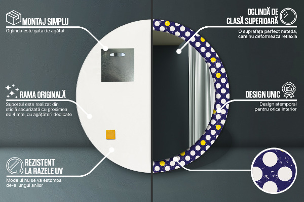 Kerek tükör keret nyomtatással Retro pöttyös