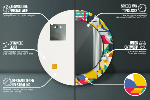 Kerek tükör nyomtatott kerettel Geometrikus trópusi madarak