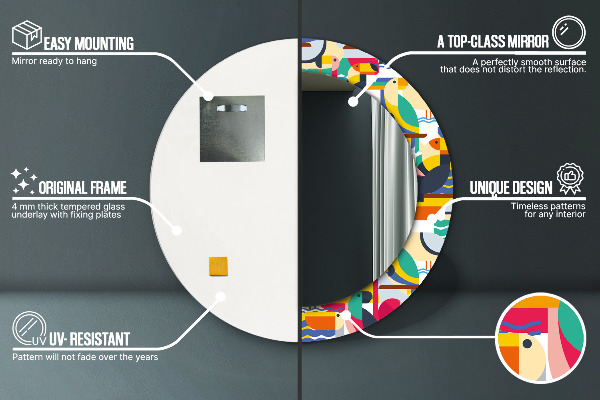 Kerek tükör nyomtatott kerettel Geometrikus trópusi madarak