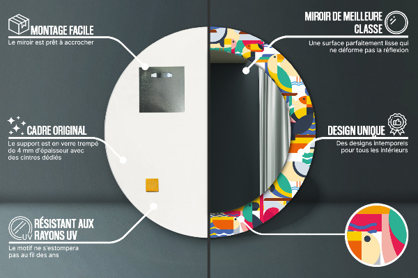 Kerek tükör nyomtatott kerettel Geometrikus trópusi madarak