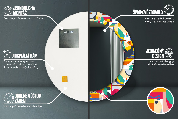 Kerek tükör nyomtatott kerettel Geometrikus trópusi madarak