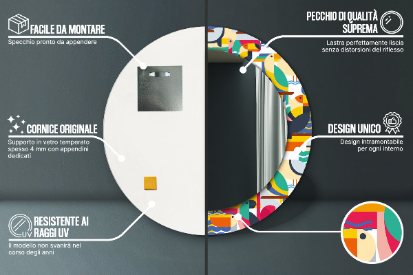 Kerek tükör nyomtatott kerettel Geometrikus trópusi madarak