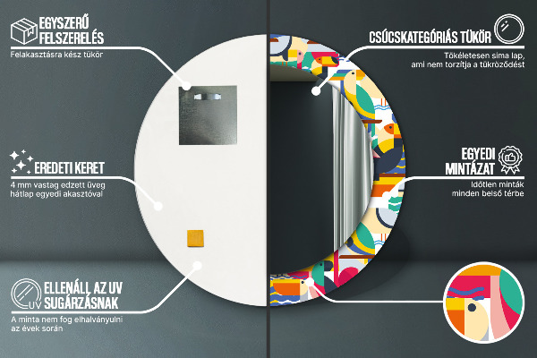 Kerek tükör nyomtatott kerettel Geometrikus trópusi madarak
