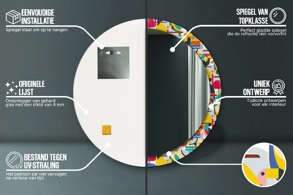 Kerek tükör nyomtatott kerettel Geometrikus trópusi madarak