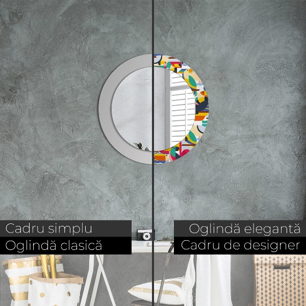Kerek tükör nyomtatott kerettel Geometrikus trópusi madarak