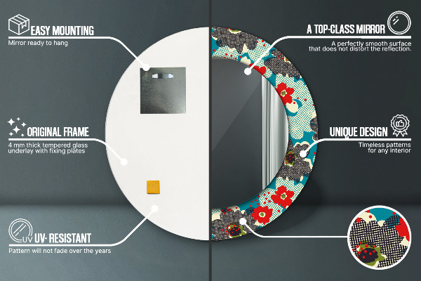 Kerek tükör keret nyomtatással Retro virágmintás